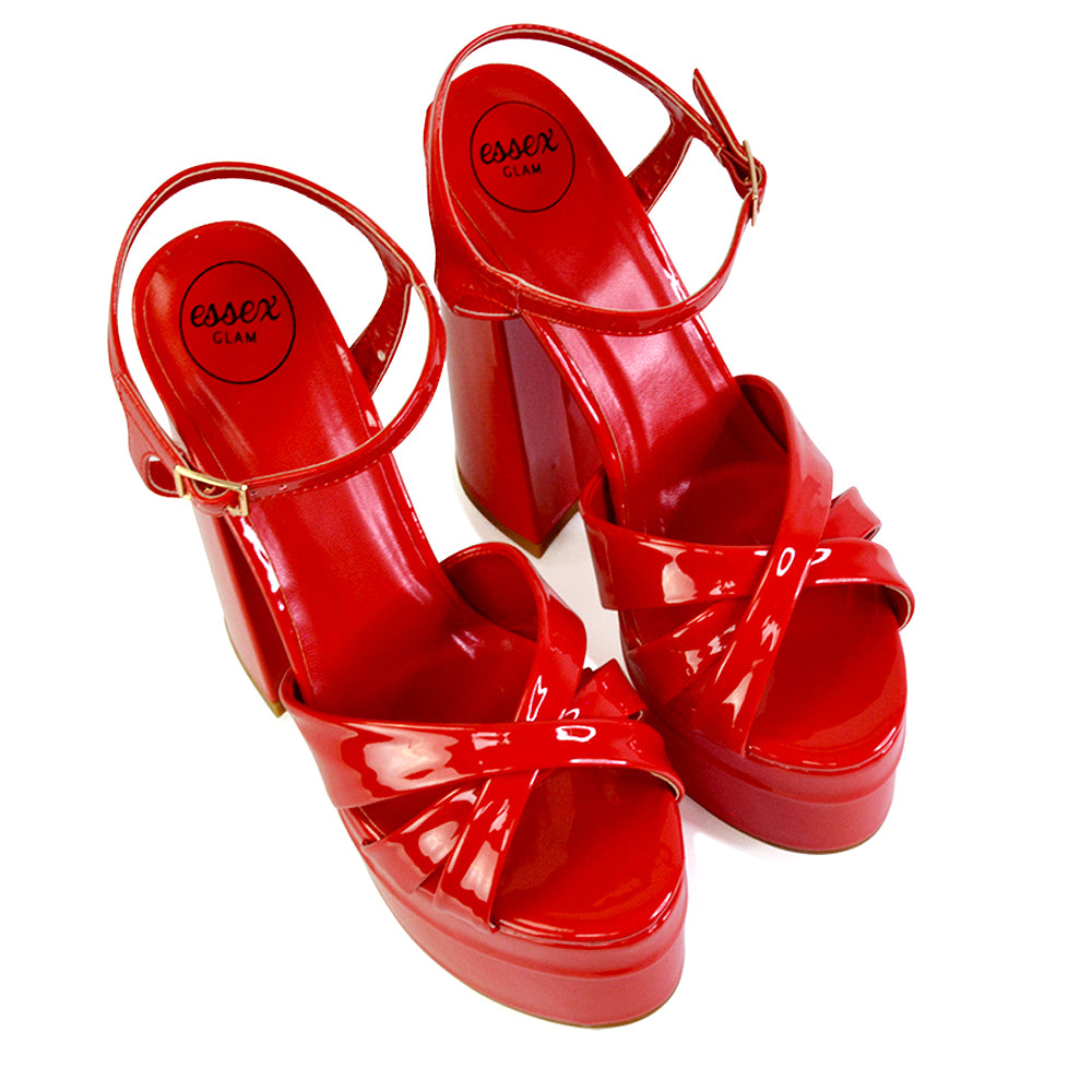 Anya Strappy Chunky Super High Block Heel Platform Shoes in Red