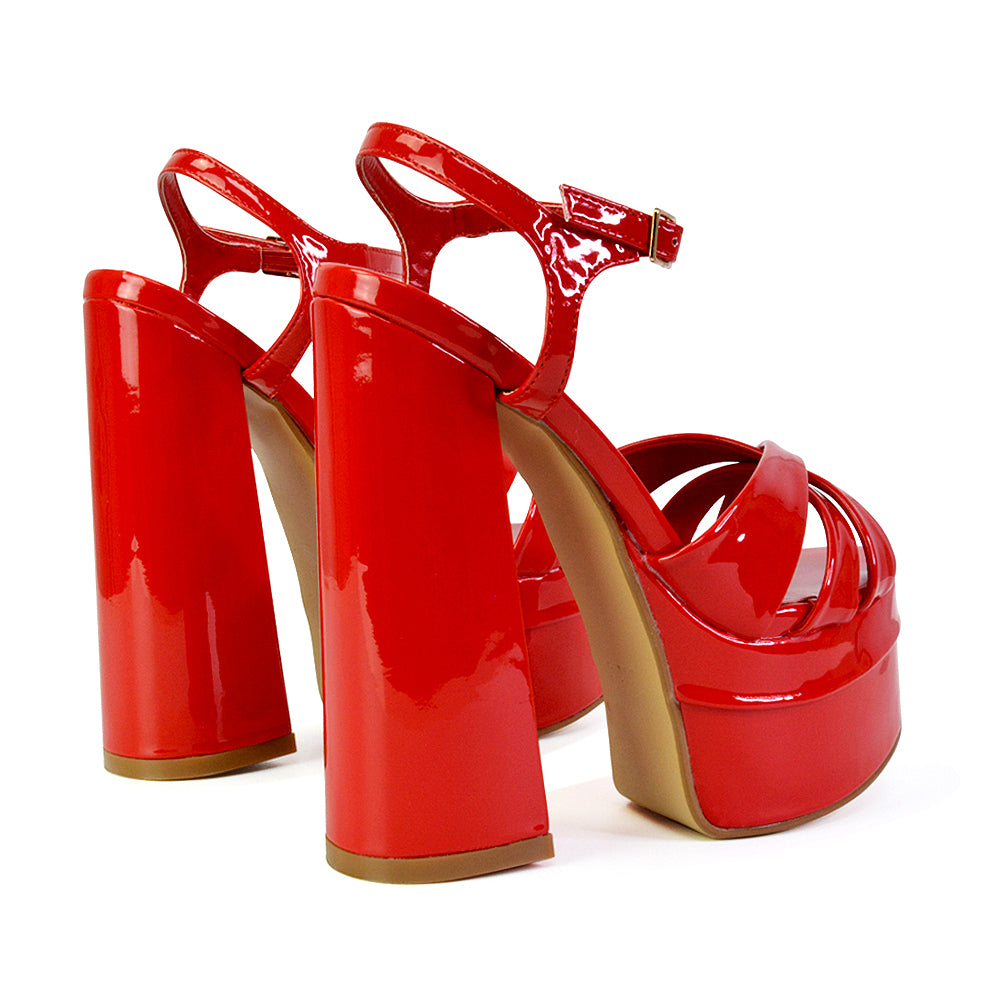 Anya Strappy Chunky Super High Block Heel Platform Shoes in Red