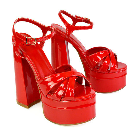 Anya Strappy Chunky Super High Block Heel Platform Shoes in Red