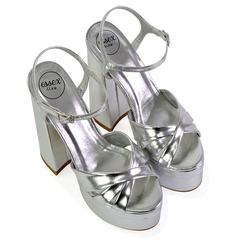 Anya Strappy Chunky Super High Block Heel Platform Shoes in Silver