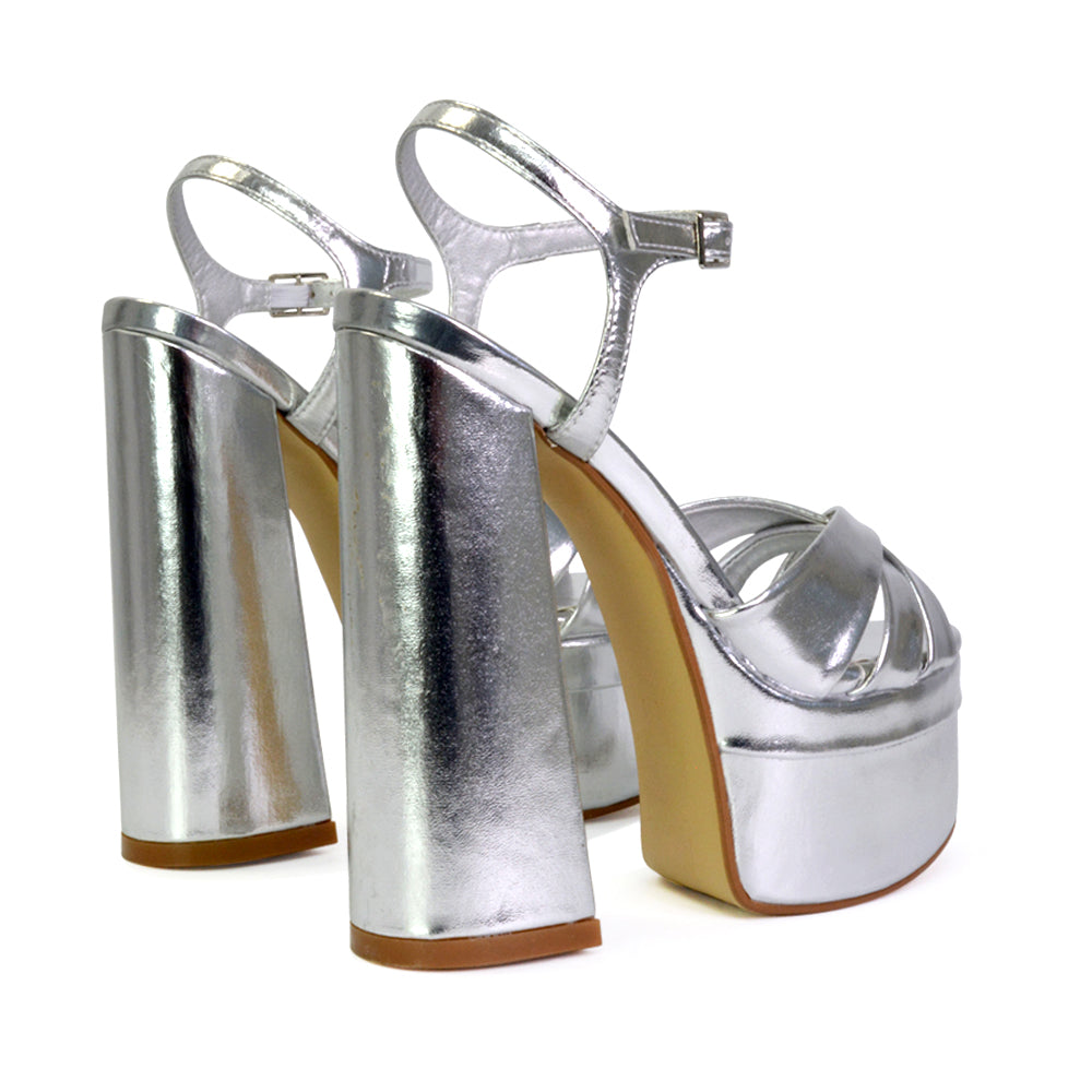 Anya Strappy Chunky Super High Block Heel Platform Shoes in Silver