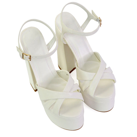 Anya Strappy Chunky Super High Block Heel Platform Shoes in White
