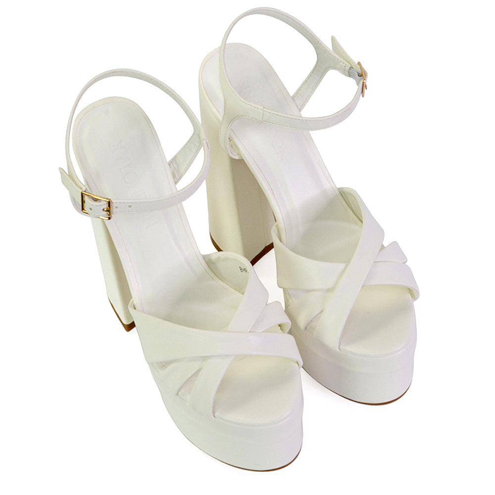 Anya Strappy Chunky Super High Block Heel Platform Shoes in White