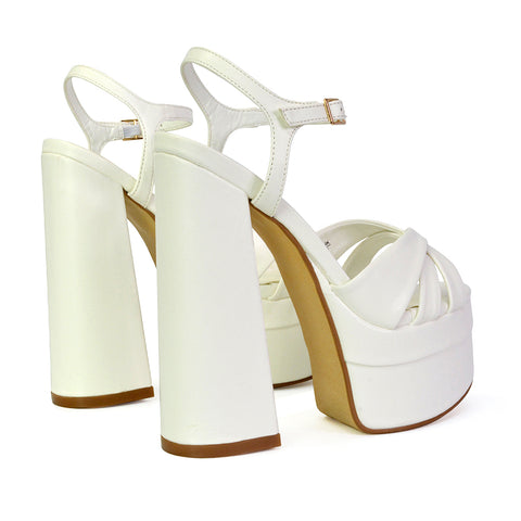 Anya Strappy Chunky Super High Block Heel Platform Shoes in White