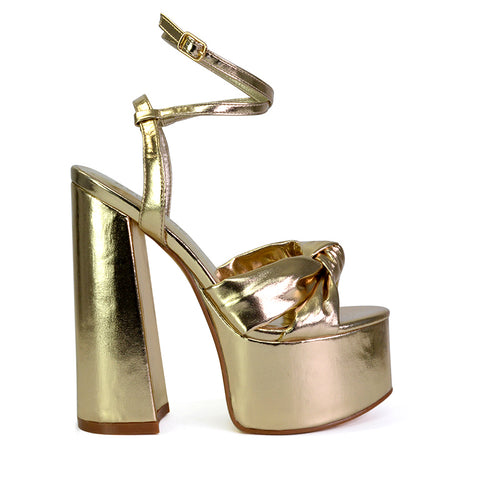 Faylinn Ankle Strap Super Chunky Block High Heel Platform Shoes in Gold