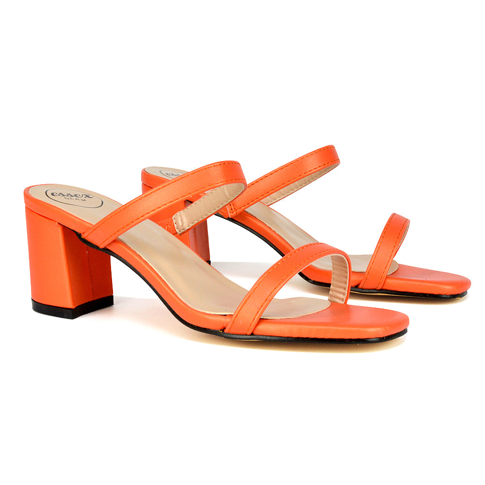 Tiff Double Strap Square Toe Slip On Low Mid Block High Heel Mule Sandals in Orange