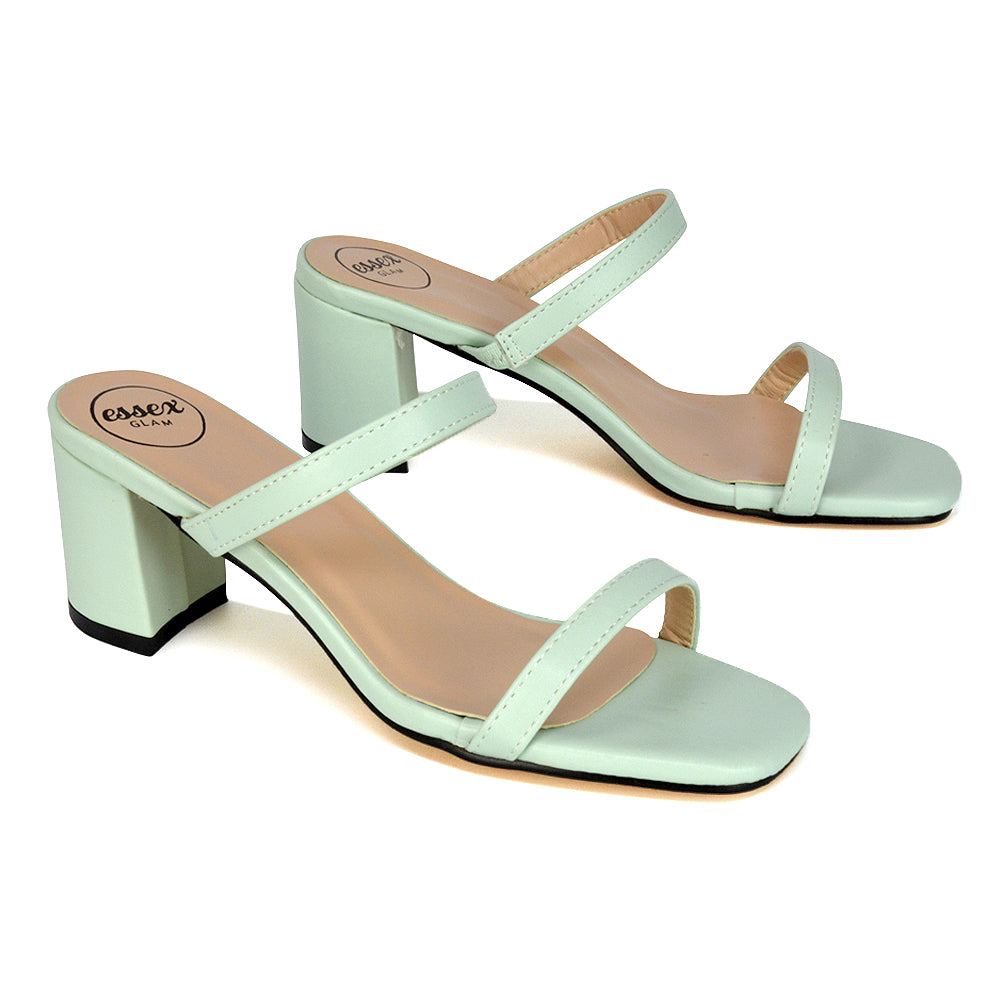 Tiff Double Strap Square Toe Slip On Low Mid Block High Heel Mule Sandals in Pastel Green