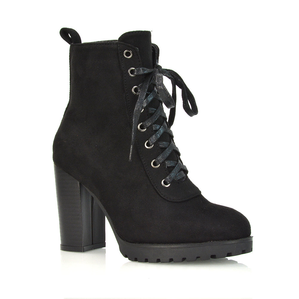 Ariel Chunky Lace up Block High Heel Zip-up Biker Ankle Boots in Animal Print