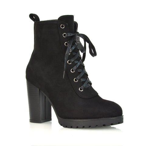Ariel Chunky Lace up Block High Heel Zip-up Biker Ankle Boots in Black Faux Suede