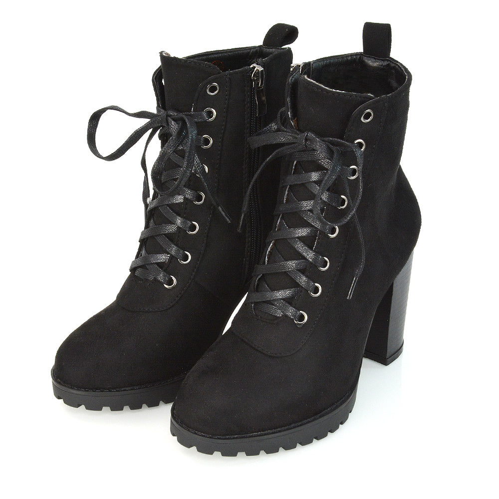 Ariel Chunky Lace up Block High Heel Zip-up Biker Ankle Boots in Brown Synthetic Leather
