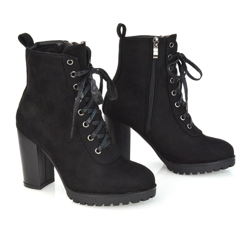 Ariel Chunky Lace up Block High Heel Zip-up Biker Ankle Boots in Black Synthetic Leather