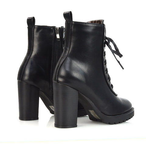 Ariel Chunky Lace up Block High Heel Zip-up Biker Ankle Boots in Black Synthetic Leather