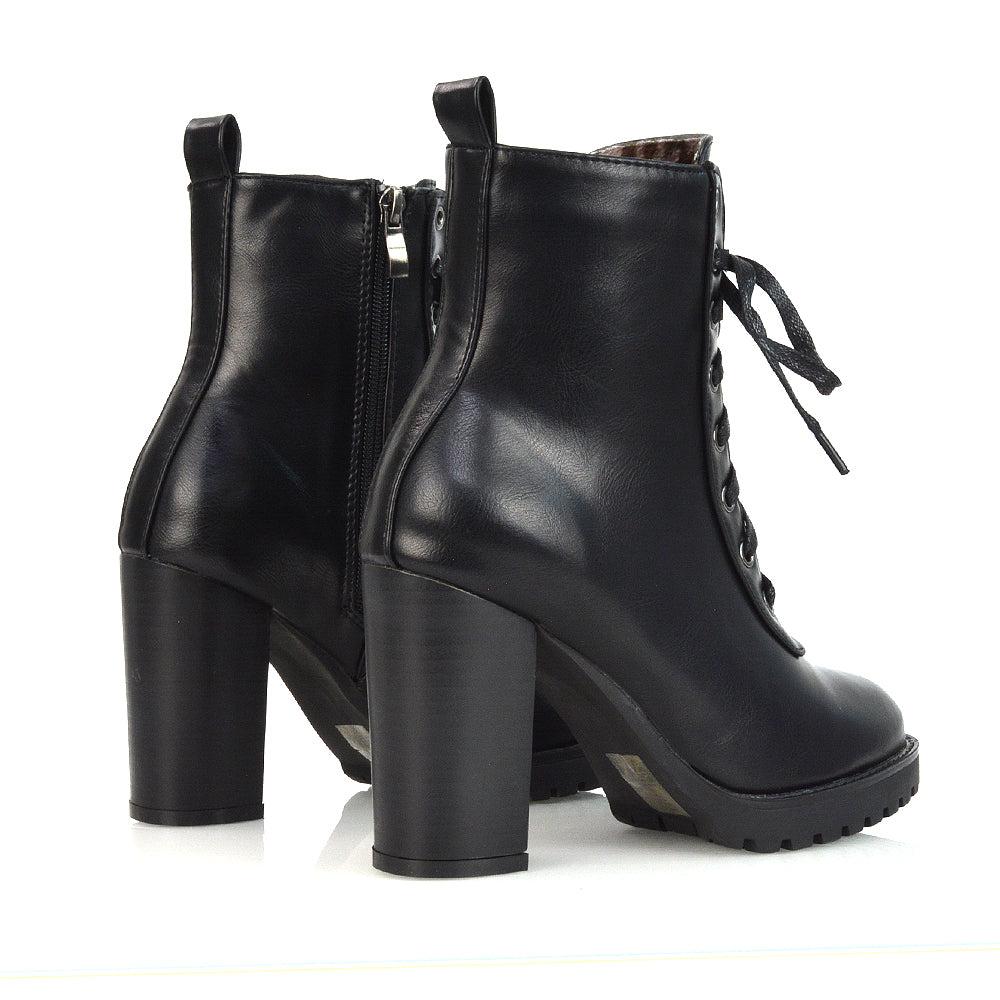 Ariel Chunky Lace up Block High Heel Zip-up Biker Ankle Boots in Black Faux Suede