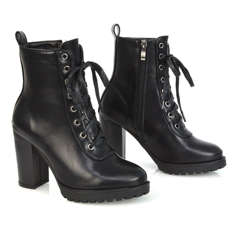 Ariel Chunky Lace up Block High Heel Zip-up Biker Ankle Boots in Black Faux Suede