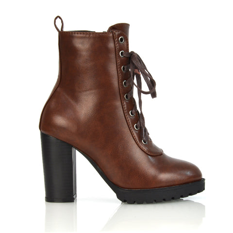 Ariel Chunky Lace up Block High Heel Zip-up Biker Ankle Boots in Brown Synthetic Leather