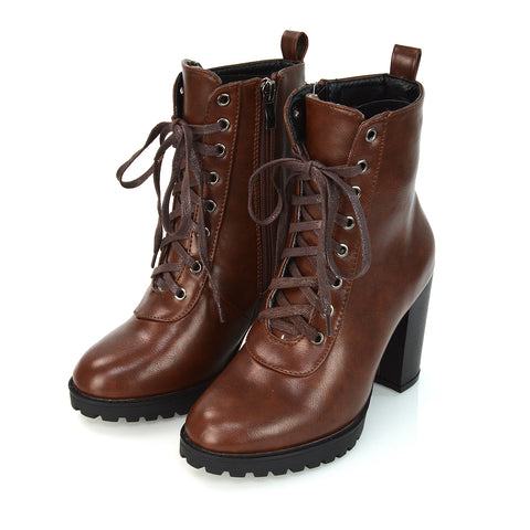 Ariel Chunky Lace up Block High Heel Zip-up Biker Ankle Boots in Brown Synthetic Leather