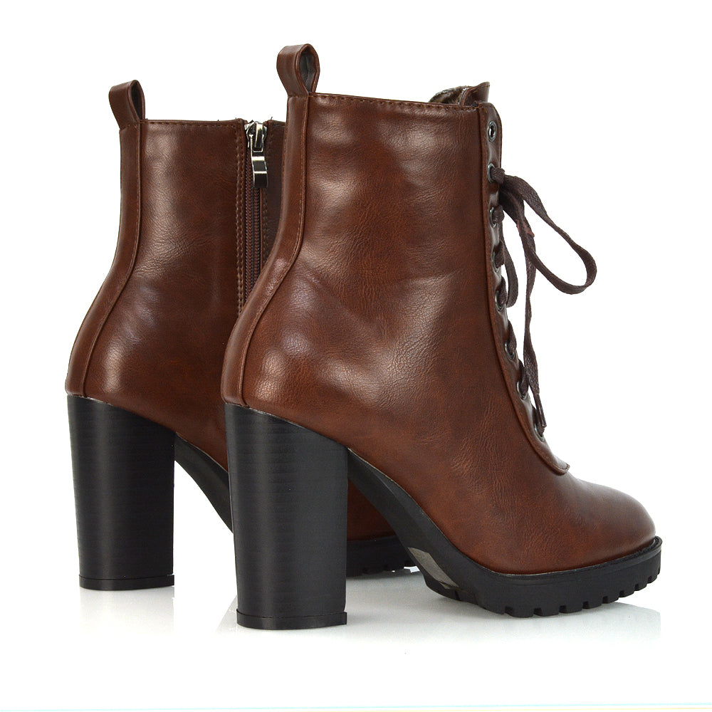 Ariel Chunky Lace up Block High Heel Zip-up Biker Ankle Boots in Brown Synthetic Leather
