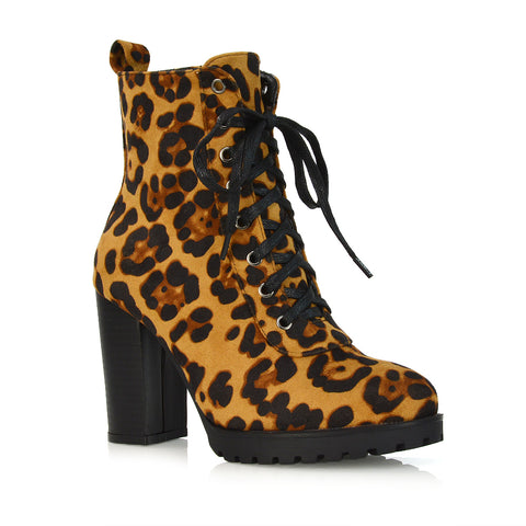 Ariel Chunky Lace up Block High Heel Zip-up Biker Ankle Boots in Animal Print