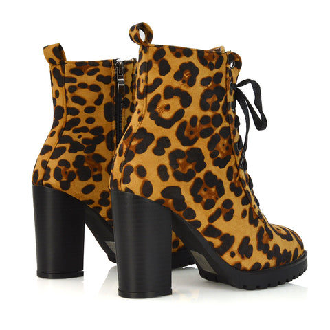Ariel Chunky Lace up Block High Heel Zip-up Biker Ankle Boots in Animal Print