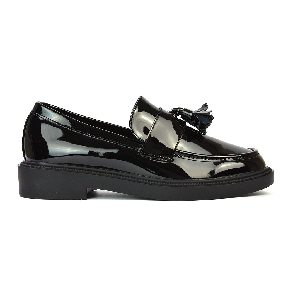 Alida Chunky Loafers Tassel Back To School Flat Shoes in Black Patent