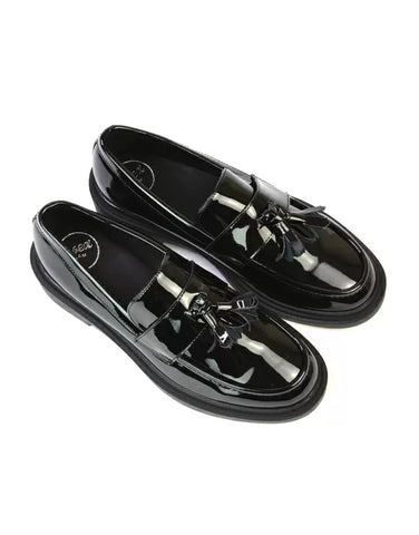 Alida Chunky Loafers Tassel Back To School Flat Shoes in Black Patent