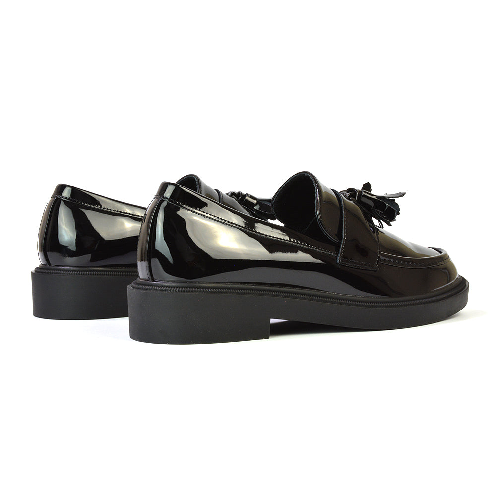 Alida Chunky Loafers Tassel Back To School Flat Shoes in Black Patent