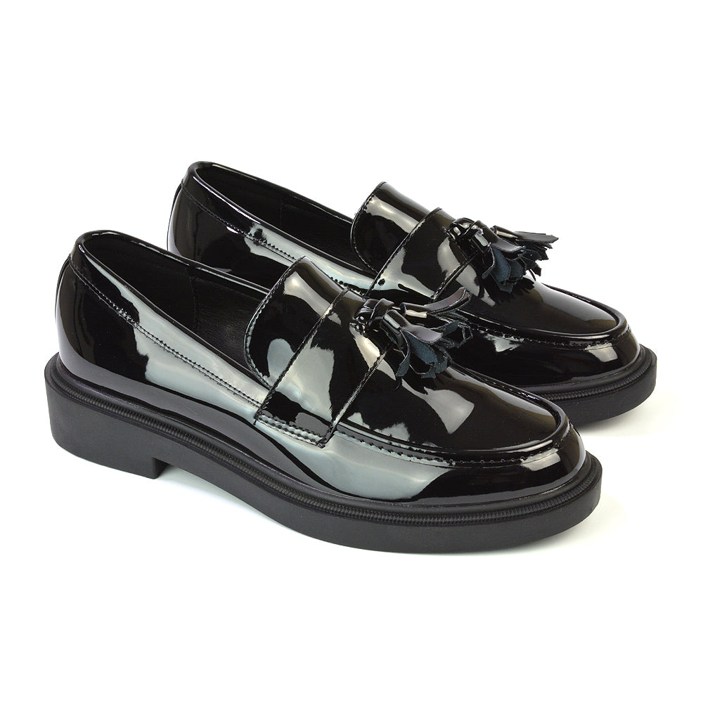 Alida Chunky Loafers Tassel Back To School Flat Shoes in Black Patent