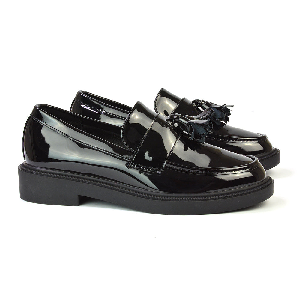 Alida Chunky Loafers Tassel Back To School Flat Shoes in Black Patent