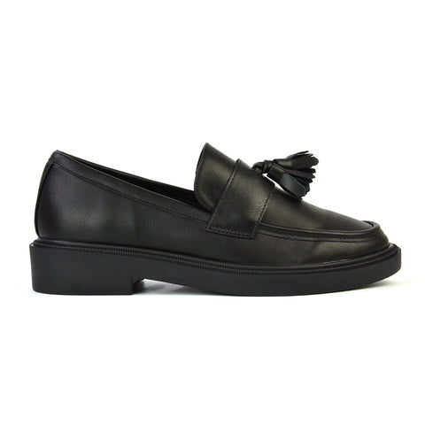 Alida Chunky Loafers Tassel Back To School Flat Shoes in Black Patent