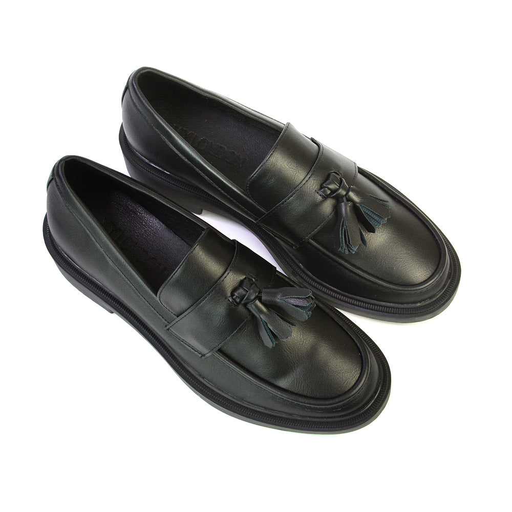 Alida Chunky Loafers Tassel Back To School Flat Shoes in Black Patent