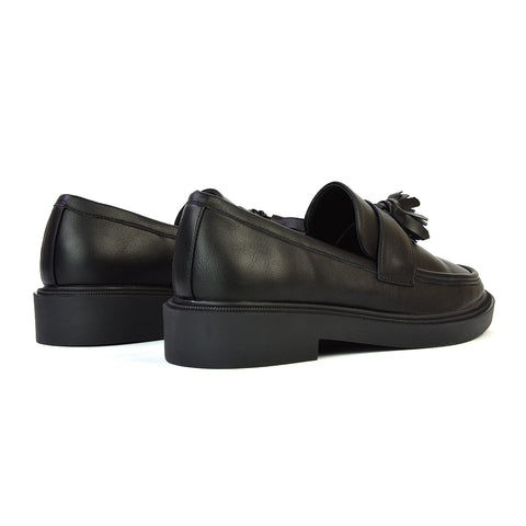 Alida Chunky Loafers Tassel Back To School Flat Shoes in Black Patent