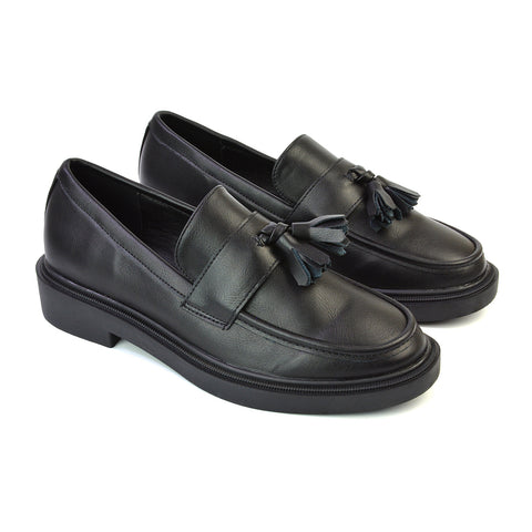 Alida Chunky Loafers Tassel Back To School Flat Shoes in Black Patent