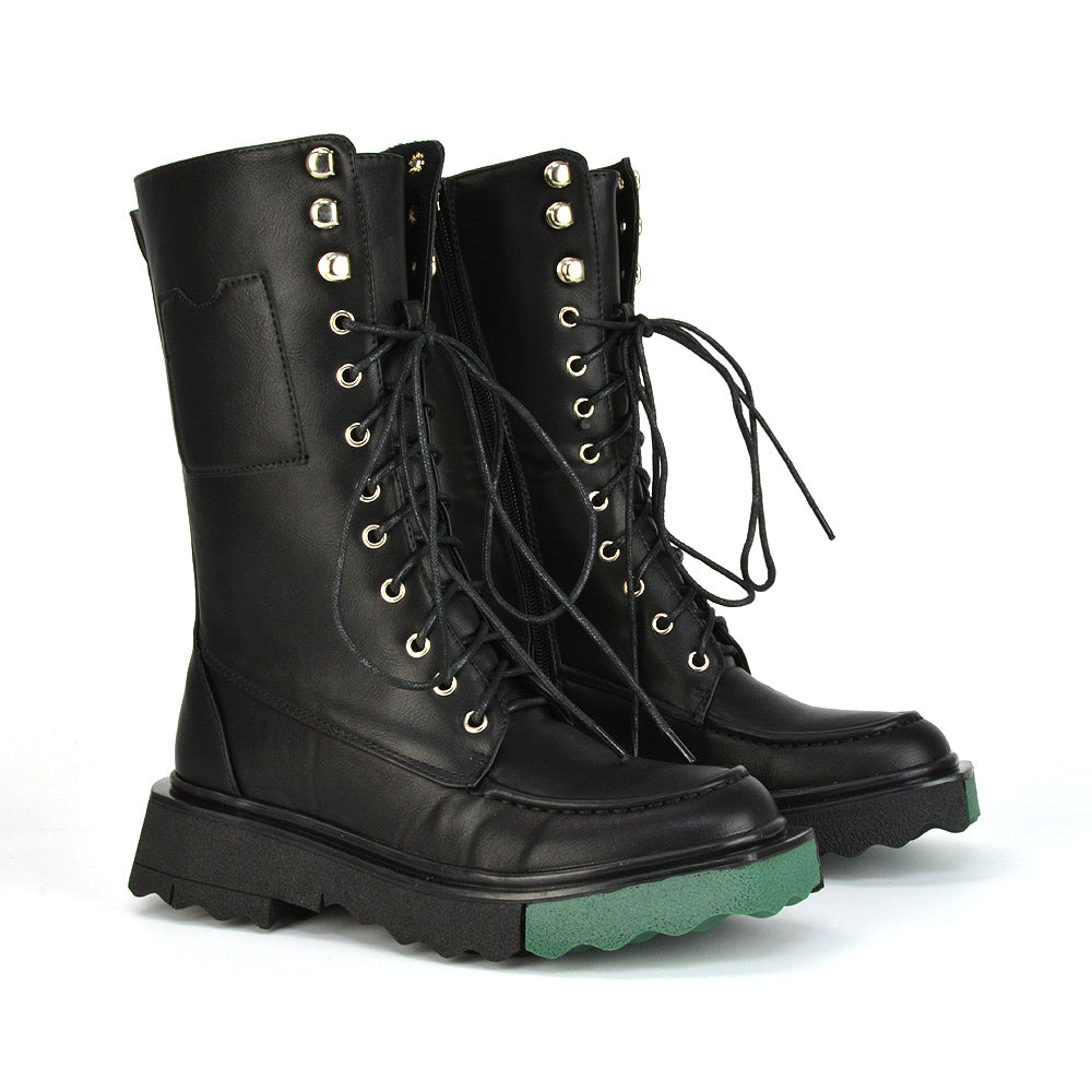 Blakely Flat Wedge Green Sole Biker Lace Up Ankle Boots in Black Synthetic Leather
