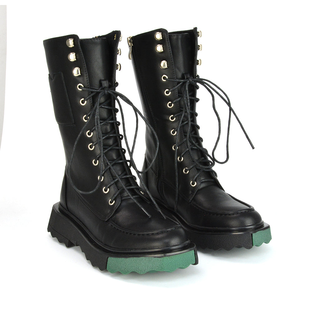 Blakely Flat Wedge Green Sole Biker Lace Up Ankle Boots in Black Synthetic Leather