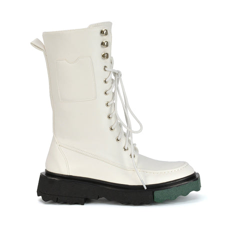 Blakely Flat Wedge Green Sole Biker Lace Up Ankle Boots in White Synthetic Leather