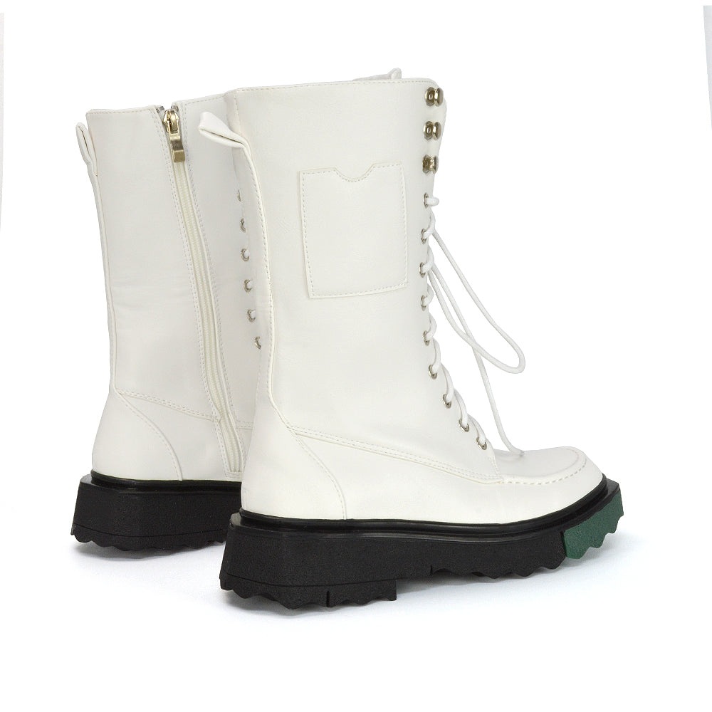 Blakely Flat Wedge Green Sole Biker Lace Up Ankle Boots in White Synthetic Leather