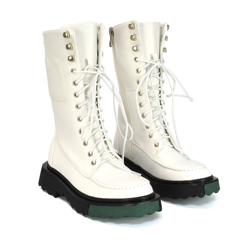 Blakely Flat Wedge Green Sole Biker Lace Up Ankle Boots in White Synthetic Leather