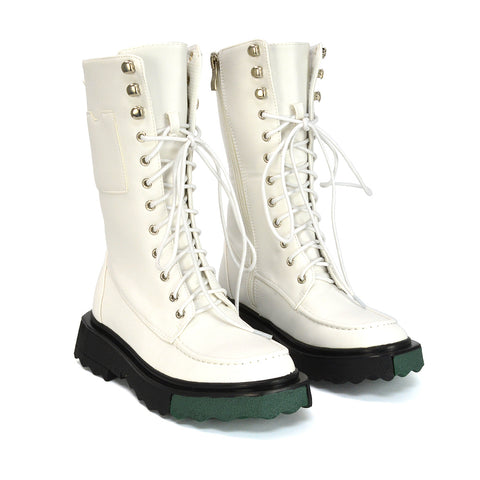Blakely Flat Wedge Green Sole Biker Lace Up Ankle Boots in White Synthetic Leather