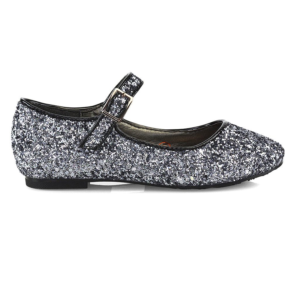 Lucy Kids Flat Buckle Strap Sparkly Diamante Ballerina Pumps Bridal Shoes In Silver Glitter