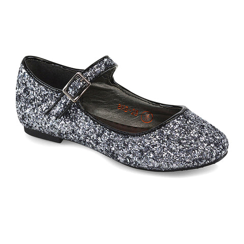 Lucy Kids Flat Buckle Strap Sparkly Diamante Ballerina Pumps Bridal Shoes In Black Glitter