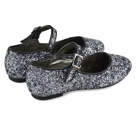 Lucy Kids Flat Buckle Strap Sparkly Diamante Ballerina Pumps Bridal Shoes In Silver Glitter