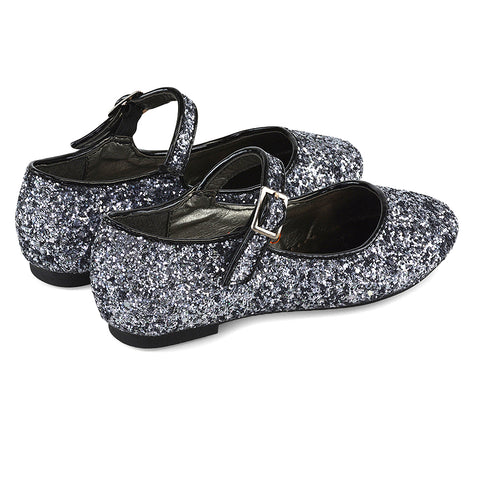 Lucy Kids Flat Buckle Strap Sparkly Diamante Ballerina Pumps Bridal Shoes In Black Glitter