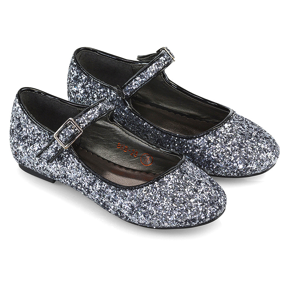 Lucy Kids Flat Buckle Strap Sparkly Diamante Ballerina Pumps Bridal Shoes In Black Glitter