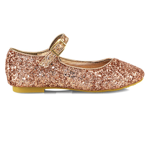 Lucy Kids Flat Buckle Strap Sparkly Diamante Ballerina Pumps Bridal Shoes In Rose Gold Glitter