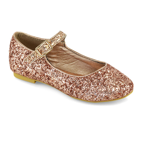 Lucy Kids Flat Buckle Strap Sparkly Diamante Ballerina Pumps Bridal Shoes In Rose Gold Glitter