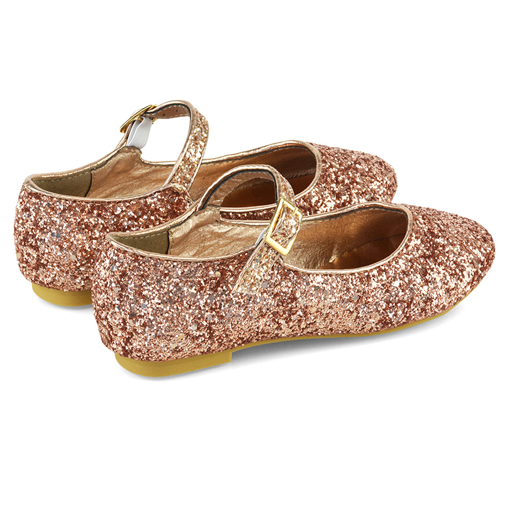 Lucy Kids Flat Buckle Strap Sparkly Diamante Ballerina Pumps Bridal Shoes In Rose Gold Glitter