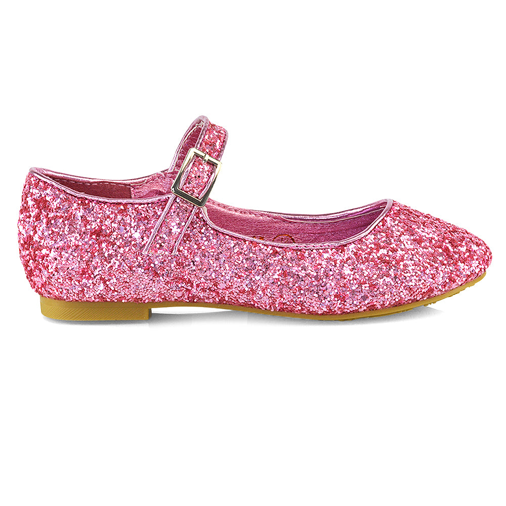 Lucy Kids Flat Buckle Strap Sparkly Diamante Ballerina Pumps Bridal Shoes In Pink Glitter