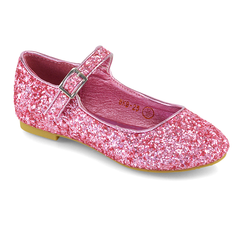 Lucy Kids Flat Buckle Strap Sparkly Diamante Ballerina Pumps Bridal Shoes In Pink Glitter