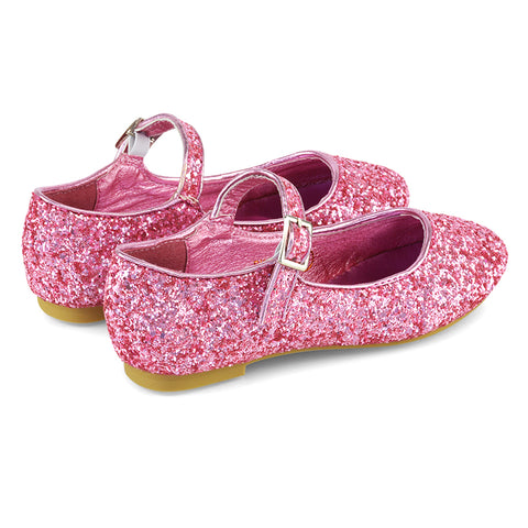 Lucy Kids Flat Buckle Strap Sparkly Diamante Ballerina Pumps Bridal Shoes In Rose Gold Glitter