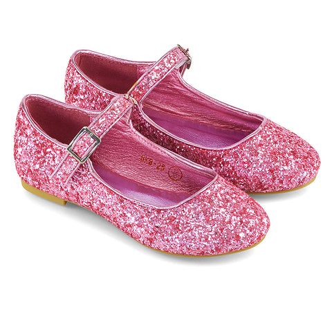 Lucy Kids Flat Buckle Strap Sparkly Diamante Ballerina Pumps Bridal Shoes In Pink Glitter